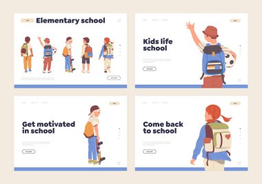 İlköğretim okulunun internet servis sayfası öğrencilere motivasyon dersi veriyor. Yeni gelenlerin eğitim sürecine hazır olduğu internet sitesi vektör illüstrasyonu