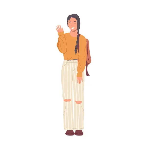 ハッピー笑顔のアジアのティーンエイジャーの女性キャラクターは 白で孤立した立っている手を振るジェスチャーハイ ポジティブフレンドリーな自信を持った学生外国人挨拶式ベクターイラスト — ストックベクタ