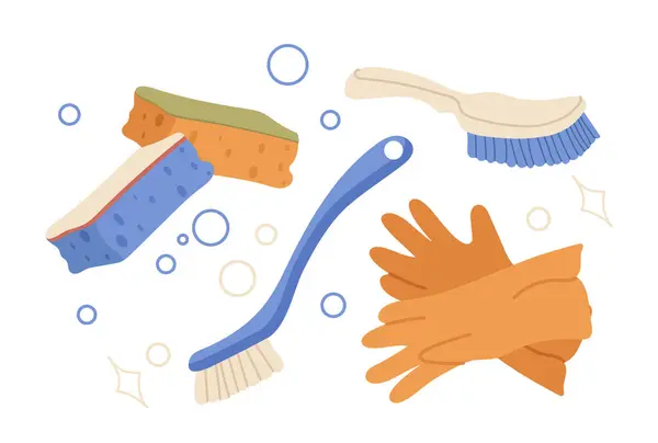 Schutzgummihandschuhe Verschiedene Bürsten Waschlappen Und Schwammreiniger Waschmittel Für Wohnräume Küche — Stockvektor