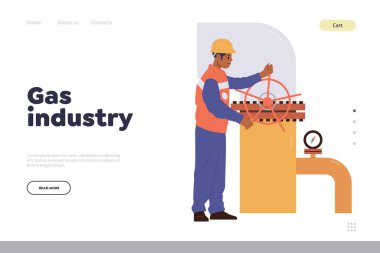 Profesyonel işçi karakterli gaz endüstrisi iniş sayfası tasarımı boru hattının yakınındaki vanalarla basıncı düzenliyor. Fabrikada bakım ve onarım çalışmaları sağlayan web sitesi çizimi