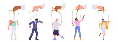 Beyaz arka planda, manipülatör eliyle kontrol edilen tellere bağlı izole edilmiş kukla insanlar. Ailede istismar, toksik ilişkiye bağımlılık, iş vektörü illüstrasyonuna itaat