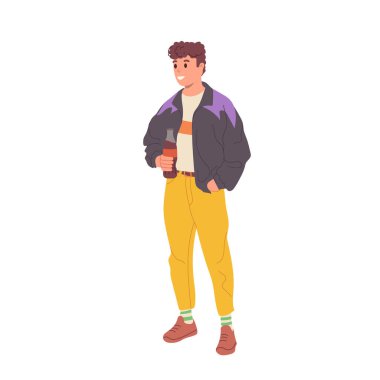Mutlu gülümseyen genç adam çizgi film karakteri giyiyordu. Beyaz arka planda izole edilmiş 90 'ların modası geçmiş modaya uygun giysiler giyiyordu. 90 'ların diskotek partisi için eski moda kıyafetler.