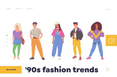 90 'ların moda trendleri, çevrimiçi giyim mağazası servisi için iniş sayfası tasarımı şablonu. 90 'lardan kalma şık kıyafetler giyen genç ve yetişkin insanların web sitesi çizimi