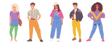 90 'lardan bir grup insan, beyaz arka planda izole bir şekilde duran eski moda kıyafetler giyen genç adam ve kadın. Erkek ve kadın milenyum çizgi film karakterleri klasik kıyafetler giyiyorlar.