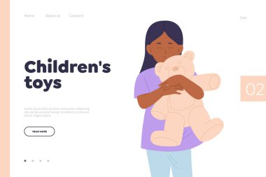 Çevrimiçi alışveriş hizmeti çocuklara oyuncak indirme sayfası tasarım sitesi şablonu sunuyor içinde oyuncak ayıcığı tutan tatlı kız anaokulu karakteri oyun eğlencesi ya da uyku için, vektör illüstrasyonu