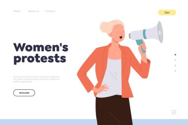 Kadınlar online aktivizm hizmeti iniş sayfası şablonunda megafon vektör illüstrasyon tasarımı ile bağıran kadın karakterleri protesto ediyorlar. Hakların korunması, eşitlik ve feminizm kavramı