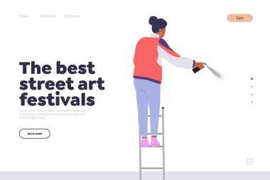 İniş sayfası tasarımı reklam tasarımı en iyi sokak sanatı festivali kavramsal eğlence etkinliği. Yaratıcı insanlar topluluğu için kentsel sanatsal partiyi destekleyen bir web sitesi tasarımı