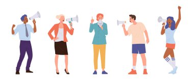 Farklı kişilerden oluşan bir grup karikatür karakteri megafonla bağırıyor farklı duygularla protesto ve çarpıcı bir şekilde. Kadın ve erkek toplumu kamu vektör illüstrasyonu