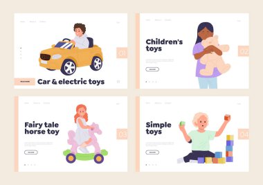 Anaokulu çocukları için oyuncaklar ve oyunlar sunan izole bir iniş sayfası şablonu. Evde ya da anaokulunda eğlenceli oyun zamanı eğlencesi. Mutlu çocukların oynadığı web sitesi çizimi
