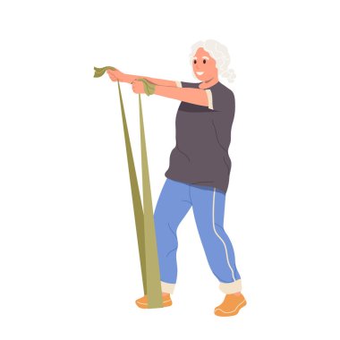 Atletik emekli kadın çizgi film karakteri spor esneme bandı ile çalışıyor beyaza izole edilmiş kasları pompalıyor. Emeklilik vektörü illüstrasyonunda aktif sağlıklı yaşam tarzı ve güçlü vücut gelişimi