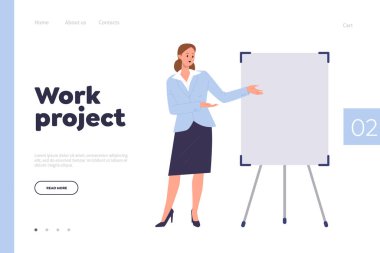 İniş sayfası şablonu. Çevrimiçi iş eğitimi hizmetleri için web sitesi vektör ilüstrasyonu, kadın çalışan karakterinin Whiteboard 'da başlangıç sunumu yaptığı uzaktan danışmanlık kursu