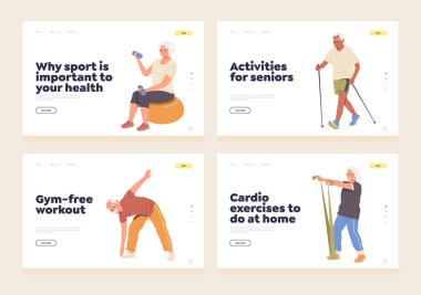 İniş sayfası tasarım şablonu. Yaşlılar için kardiyo ve elektrik antrenmanı online eğitim sınıfı ve spor kursu. Emeklilik tanıtım sitesi vektör illüstrasyonunda aktif sağlıklı yaşam tarzı
