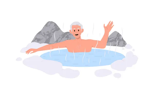 Happy relaxed elderly man character having rest in hot spring thermal natural pool in mountain. Winter recreation for senior tourist vector illustration. Seasonal resort with outdoor steam bath