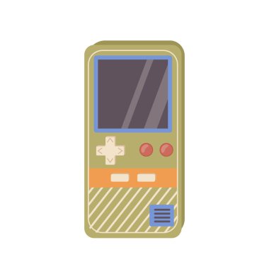 Klasik gamepad konsolu dijital aygıtı, beyaz arka planda nostaljik video oyun ekipman vektör illüstrasyonu. Düğmesi ve ekranı olan klasik sanal simülatör, eski usul video oyunu