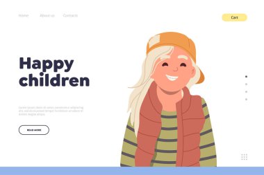 İniş sayfası tasarımı web sitesi mutlu çocuk başlığı ve neşeli kız çocuk çizgi film karakteri olumlu duygu ve yüzünüzde neşeli bir ifade, vektör illüstrasyonu