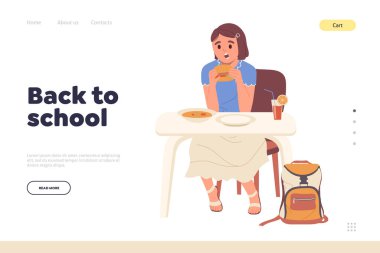 Okul konseptine geri dönelim. Kantin tasarımında yemek yiyen liseli kız karakterli iniş sayfası şablonu. Web sitesi vektör illüstrasyonu, üniversite kafeteryası için sağlıklı öğle yemeği ve akşam yemeği sunuyor.