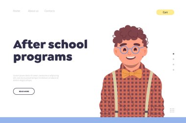 Okul programından sonra çevrimiçi eğitim sitesi iniş sayfası şablonu mutlu öğrenci inek öğrenci çizgi film karakteri portresi ile dolu. Öğrenciler için uzak eğitim sınıfı için web sitesi vektör illüstrasyonu