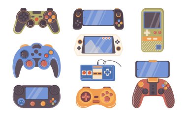 Farklı kablosuz joystick, bilgisayar veya cep telefonu oyunu için çeşitli oyun konsolu beyaz arkaplanda izole edilmiş. Zevk için oyun malzemeleri zaman vektör illüstrasyonunu gevşetin