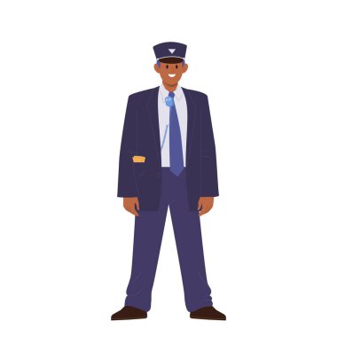 Dostça gülümseyen tren kondüktörü çizgi film karakteri, toplu taşıma vektörü illüstrasyonunda yolculara profesyonel hizmet sunuyor. Demiryolu metro personeli beyaz arka planda izole edildi