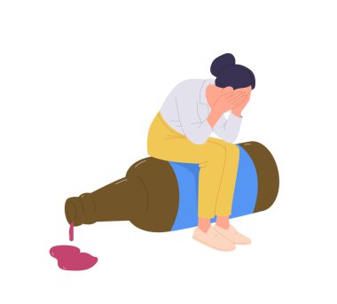 Üzgün, ağlayan, sarhoş, alkolik, karikatür karakteri şarap şişesinde yalnız başına oturan, beyaz arka planda izole edilmiş kötü alışkanlıktan muzdarip. Alkolizm ve depresyon