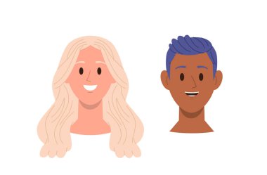 Sağlıklı saç vektörü çizimi olan erkek ve kadın çizgi film karakterlerinin mutlu yüzü. Kelleşen problem çözümü, alopecia hastalığının başarılı tedavisi, güzellik ve kuaförlük kavramı