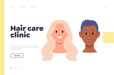Erkek ve kadın kellik sorunlarını çözmek için saç bakım kliniği iniş sayfası tasarımı şablonu. Mutlu erkek ve kadının yer aldığı web sitesi tasviri başarılı bir alopecia terapisi neşe dolu portresi
