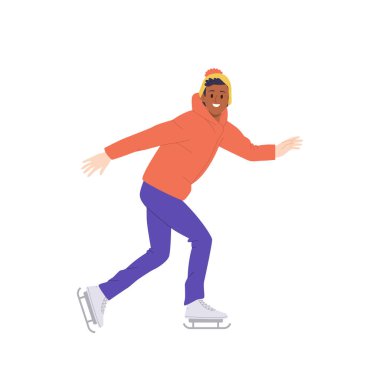 Genç sporcu çocuk çizgi film karakteri beyaz arka planda izole edilmiş vektör çizimlerini dinlendirmek için kış tatili eğlencesine çıkıyor. Sağlıklı mevsimlik açık hava aktivitesi