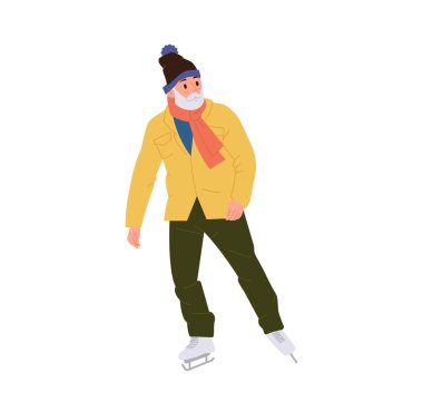 Beyaz arka planda izole edilmiş mutlu yaşlı adam çizgi film karakteri buz pateni vektör çizimi. Emekli büyükbaba, hafta sonları spordan zevk alarak kış tatili aktivitelerine katılıyor.