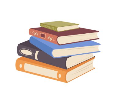 Beyaz arka planda izole edilmiş okuma ve eğitim vektörü illüstrasyonu için kitap yığını. Bilgi ve öğrenim için okul kitabı yığını, bilgi araştırmaları için ansiklopedi