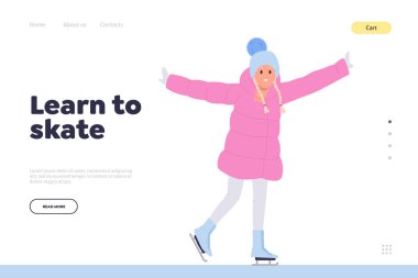 Çocuklar için en iyi okulu sunan online iniş sayfasında paten yapmayı öğrenin. Küçük bir kızın şehir buz pateni pistinde buz pateni yaptığı site vektör çizimi. Sağlıklı sezon aktivitesi