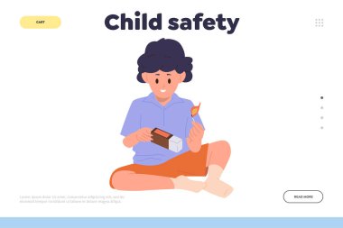 Çocuk güvenliği iniş sayfası tasarım şablonu. Yanan kibritlerle oynayan küçük çocuk çizgi film karakterli web sitesi çizimi kendini riske atıyor. Ebeveyn kavramı için tavsiyeler ve tavsiyeler