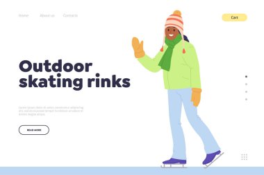 İniş sayfası tasarım şablonu açık hava paten pistlerinde online reklam etkinliği. Soğuk havalarda çocuklar için hafta sonu eğlencesi için en iyi fikirleri sunan web sitesi çizimi