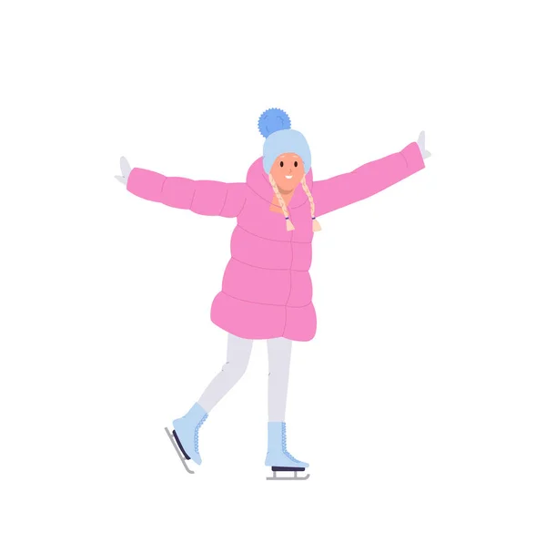 Happy Cute Little Schoolgirl Cartoon Character Ice Skating Enjoying Vacation — Stock Vector