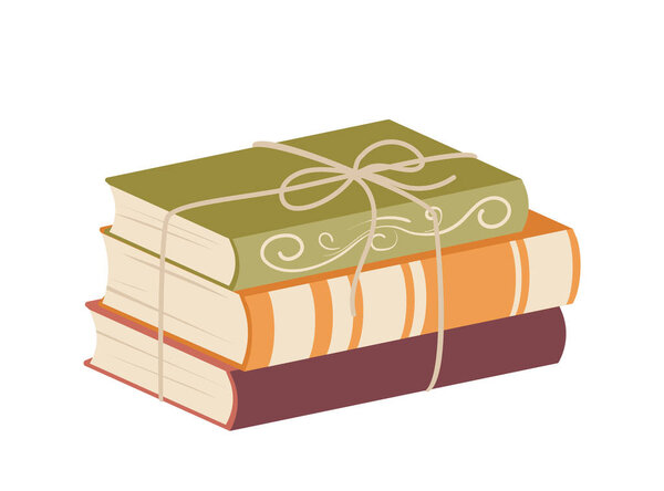 Стопка книг, классическая литература, короткие рассказы, лучшая публикация в твердой обложке, связанная с нитью для подарка изолированы на белом фоне. День рождения, юбилей или Рождество - векторная иллюстрация