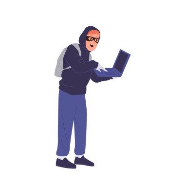 Yüz maskesi takan hırsız hacker çizgi film karakteri ve bilgisayar laptoplu kapüşonlu kullanıcı kişisel verilerini çalıyor, hesap hackliyor ve beyaz üzerine izole edilmiş şifre kodlama vektör çizimi yapıyor.