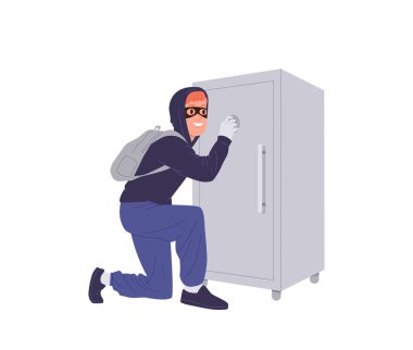 Yüz maskesi takan ve kapüşonlu bir hırsız banka kasasına girmeye çalışır. Güvenlik kodunu çalıp para veya beyaz arka planda izole edilmiş mücevherleri çalmaya çalışır. Hırsızlık suçu, finansal dolandırıcılık vektör çizimi