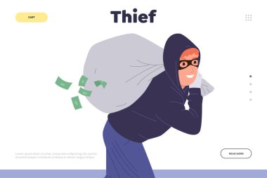 Çalıntı para taşıyan maskeli hırsız çizgi film karakterinin iniş sayfası şablonu. Yasadışı dolandırıcılık ve mali suçlardan korunma sağlayan internet sitesi temsilciliği