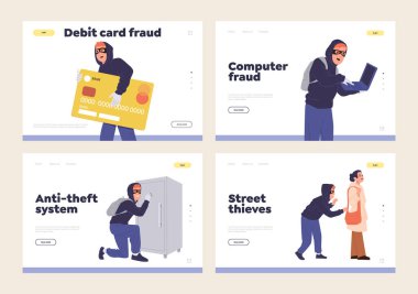 Anti-theft system, bank card fraud, computer hacking, street robbery lading page template isolated set. Website vector illustration offering effective technology and cyber protection for personal data clipart