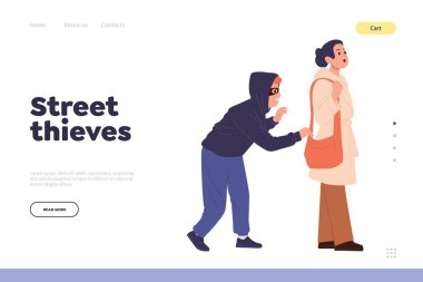Sokak hırsızları, reklam sayfası tasarımı web sitesi şablonunun koruyucu yöntemlerini önlüyor. Şehir hırsızı yankesici kadın el çizimlerinden bir çanta aşırmış. Kentsel suç