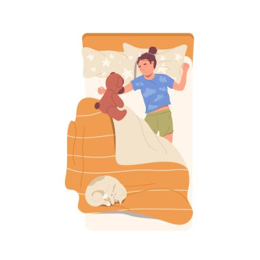 Mutlu, rahat, küçük kız çizgi film karakteri beyaz arka planda tek başına rahat bir yatakta uyuyor. Tatlı akıllı çocuk geceleri dinleniyor, tatlı rüyalar vektör çizimi yapıyor.