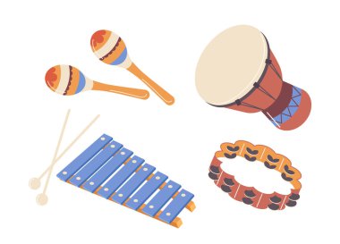 Maracas veya çıngırak, ksilofon, etnik davul, tef perküsyon müzik aleti beyaz arka planda izole edilmiş. Geleneksel halk müziği konseri veya festival ekipman illüstrasyonu