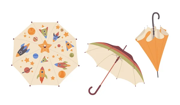 Conjunto Diferentes Paraguas Para Adultos Niños Varias Posiciones Aisladas Sobre — Vector de stock