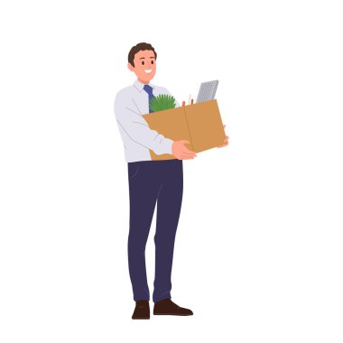 Genç iş adamı ya da işçi karikatür karakteri kişisel eşyalarını kutuda taşıyarak beyaz arka planda izole bir şekilde yeni ofise taşınıyor. Yer değiştirme ve hareket vektörü illüstrasyonu