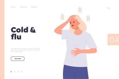 Soğuk algınlığı ve grip belirtileri hastalığın iniş sayfası şablonunu kötüleştirmesini önlüyor. Web sitesi tasviri kadın karakter hasta ve baş dönmesi yüksek sıcaklıktan muzdarip