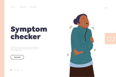 Semptom kontrolörü, hasta kadın karakterli tıbbi servis iniş sayfası şablonu. İnsan sağlığı, tanı ve terapi hakkında bilgi sağlayan web sitesi çizimi