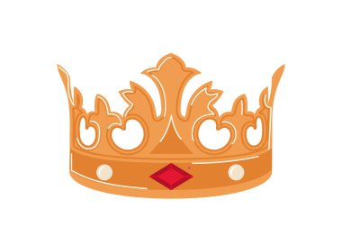 Kral ya da kraliçe lüks otorite sembolü illüstrasyon. Beyaz arka planda izole edilmiş değerli mücevherleri olan altın kraliyet mücevherleri. Bronz ortaçağ aristokrat krallık hazinesi