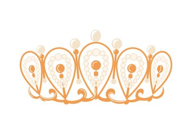 Altın filigran kraliçe tacı inci süslemelerle parıldıyor, beyaz üzerine izole edilmiş lüks kral kelebeği koleksiyonu. Heraldik başlık, monarşi tacı, otorite vektörü illüstrasyonunun sembolü