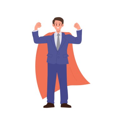 Başarılı bir iş adamı çizgi film karakteri, beyaz arka planda izole edilmiş süper kahraman görünmezlik vektör çizimi giyiyor. İş başarısı ve kişisel büyüme, liderlik ve profesyonellik kavramı