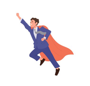 Kırmızı pelerinli ve gökyüzüne uçan takım elbiseli kendine güvenen süper kahraman çizgi film karakteri beyaz arka planda izole edilmiş. Cesur güçlü girişimci vektör illüstrasyonunu başlatan meydan okumayı kabul ediyor