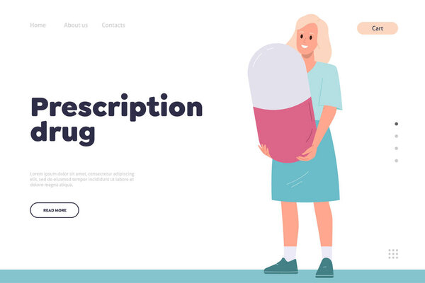 Заголовок рецепта лекарств для медицинской клиники и аптеки онлайн дизайн страницы посадки шаблон. Векторная иллюстрация сайта с женщиной-фармацевтом, держащей огромные капсульные таблетки для лечения пациентов